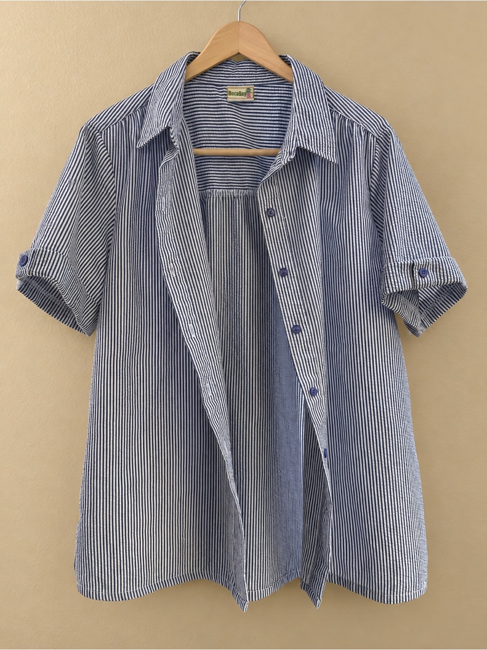 Women’s Blue and White Striped Short-Sleeve Button-Down Shirt